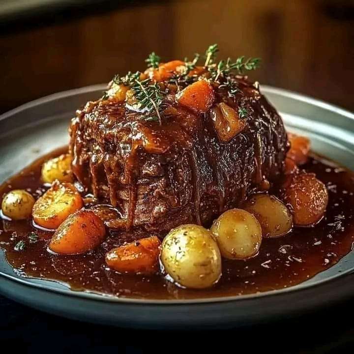 A hearty pot roast served with tender carrots, potatoes, and rich juices, garnished with rosemary.