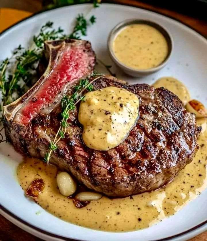 Juicy ribeye steak slices topped with creamy mustard sauce, garnished with thyme, served on a rustic plate.