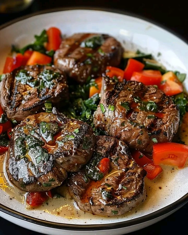 Homemade steak patties served with a creamy red pepper sauce, garnished with fresh parsley, and accompanied by mashed potatoes.