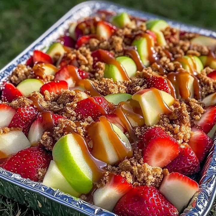 A vibrant bowl of creamy cheesecake fruit salad with strawberries, blueberries, pineapple, and bananas, garnished with mint leaves.