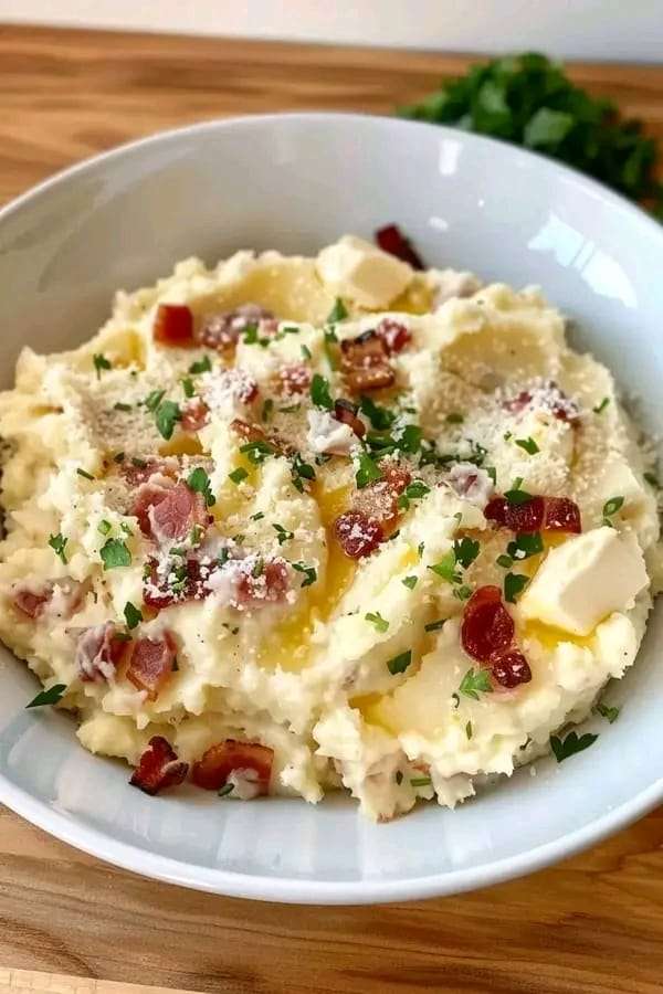 Creamy mashed potatoes topped with crumbled turkey bacon, Parmesan, and fresh parsley.