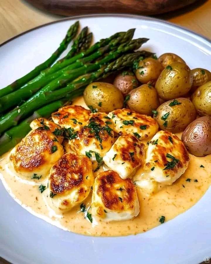 Golden halloumi in a creamy tomato sauce with spinach, served in a skillet with a side of bread.