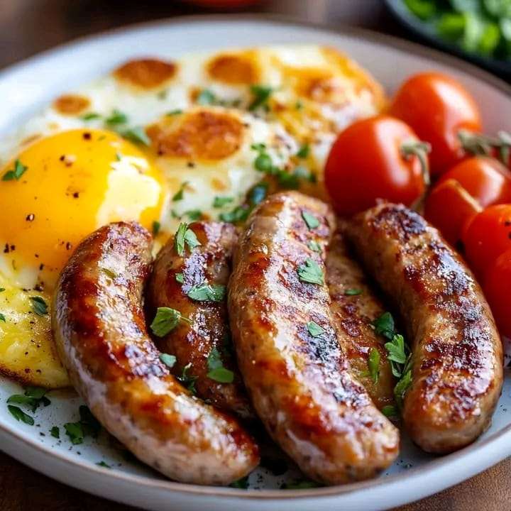 Classic Sausage Breakfast served with eggs, bacon, and toast on a plate.