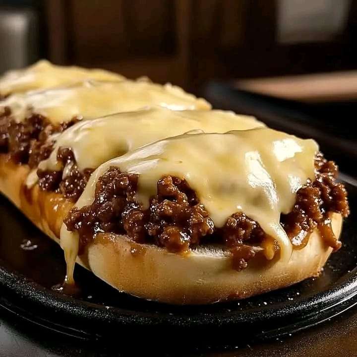 Smokey Sloppy Joe topped with melted provolone cheese on garlic Texas Toast, served hot and bubbly.