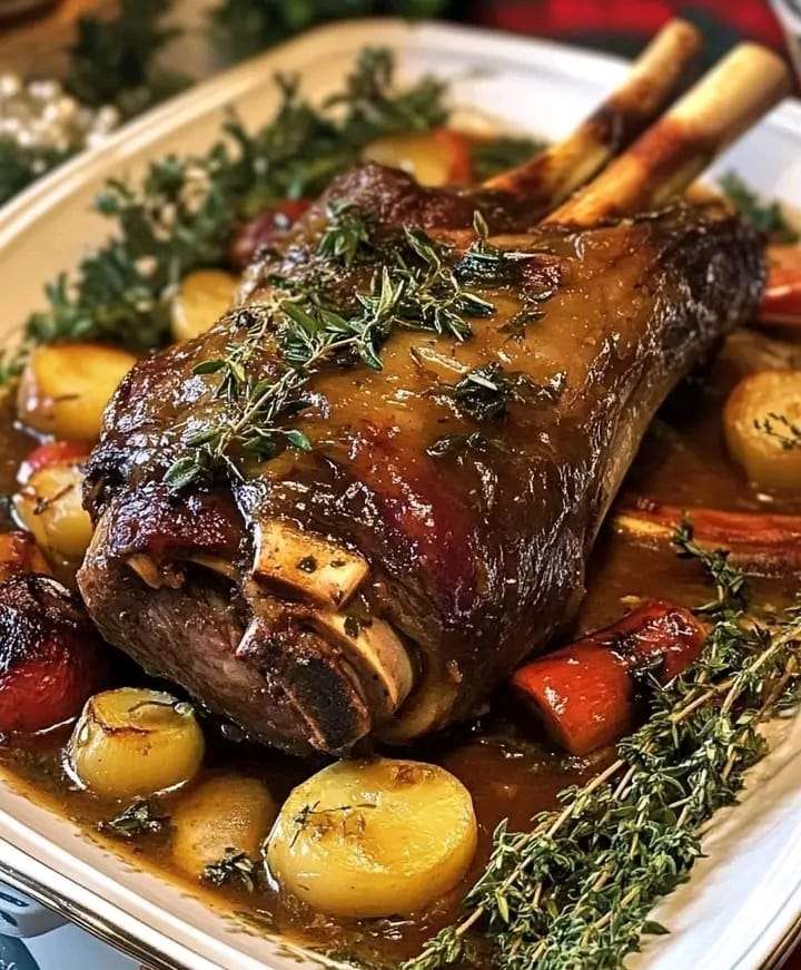 Tender braised lamb shanks served with a rich herb-infused sauce, garnished with parsley, on a holiday-themed plate.