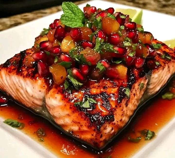 Baked salmon fillet glazed with chili maple sauce, topped with pomegranate salsa and garnished with fresh mint.