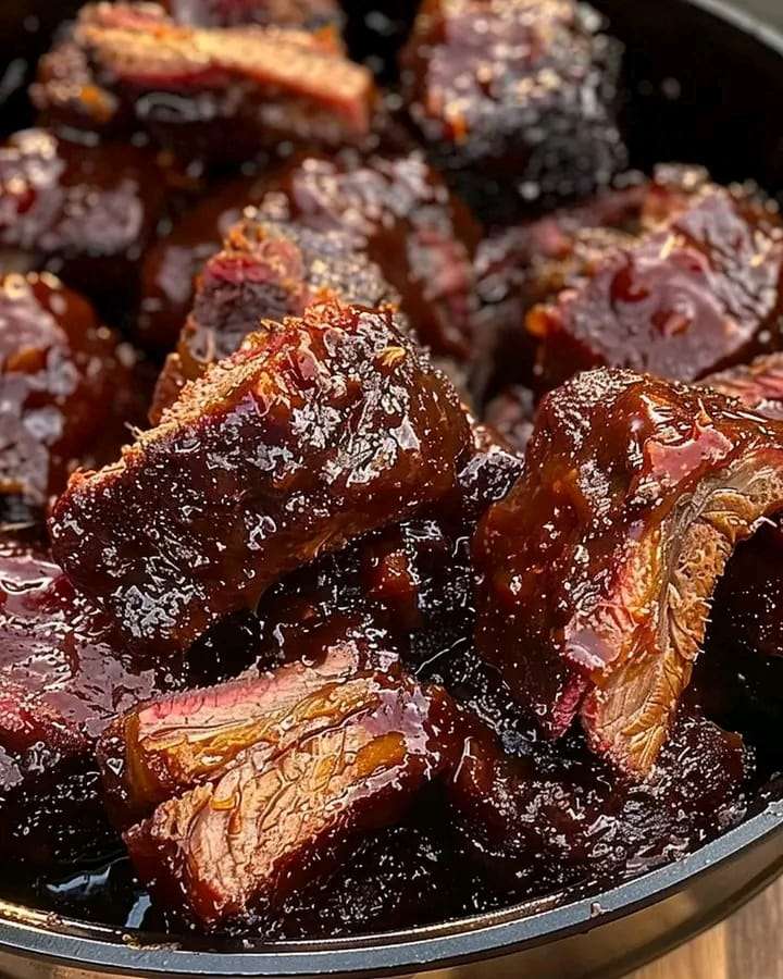 Smoky, caramelized brisket burnt ends glazed with BBQ sauce, served hot in a foil pan.