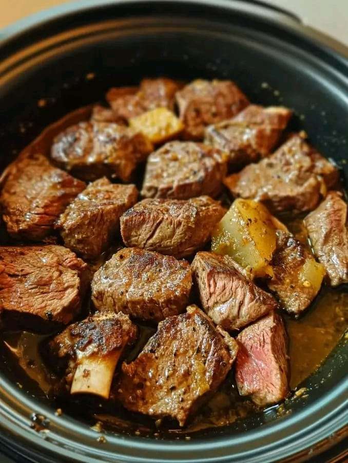 Slow Cooker Mississippi Ribeye Steaks served with creamy mashed potatoes and garnished with fresh parsley.