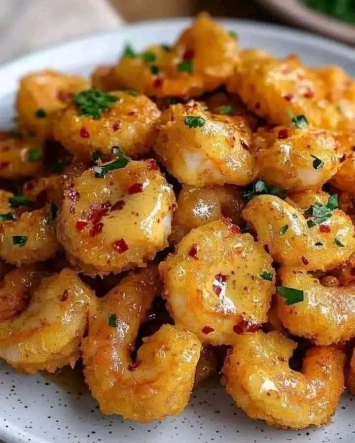 A plate of golden crispy Bang Bang Shrimp drizzled with spicy sauce, garnished with parsley and chili flakes.