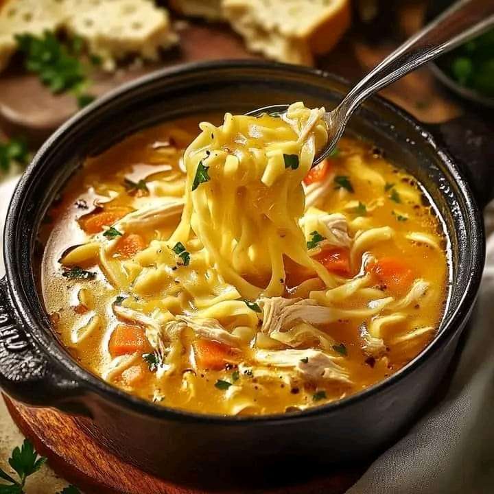 A bowl of creamy Crack Chicken Noodle Soup topped with fresh parsley, filled with noodles, shredded chicken, and vegetables.