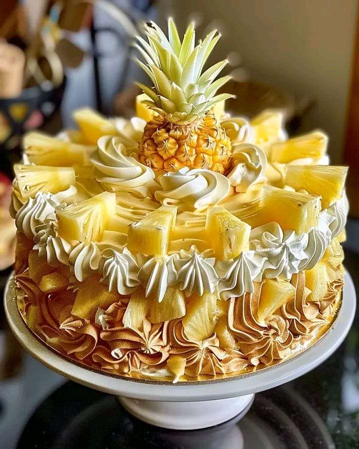 A luscious pineapple paradise cake with cream cheese frosting, garnished with pineapple slices and tropical decorations.