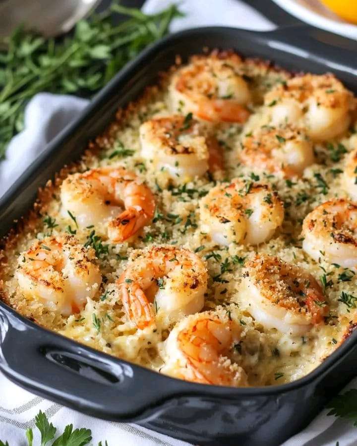 A golden baked shrimp casserole with crispy breadcrumb topping, garnished with parsley, served in a white casserole dish.