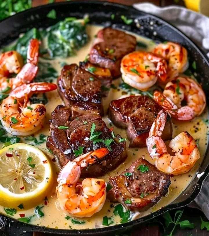 Sizzling skillet with ribeye steak, jumbo shrimp, and creamy Parmesan garlic sauce garnished with parsley.