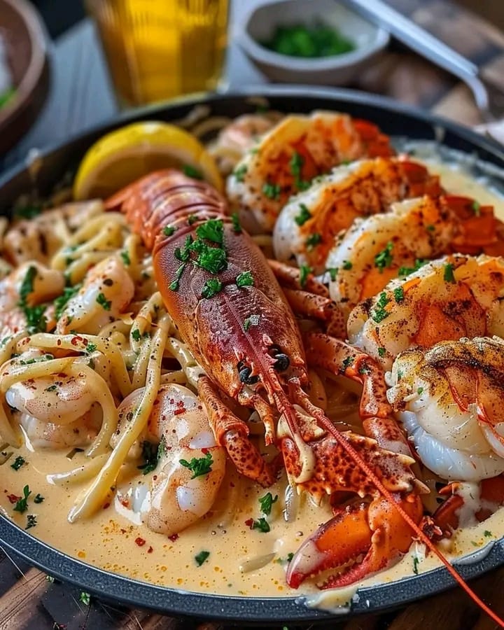 A bowl of creamy Cajun Alfredo pasta topped with lobster, crab, and salmon, garnished with parsley and Parmesan.