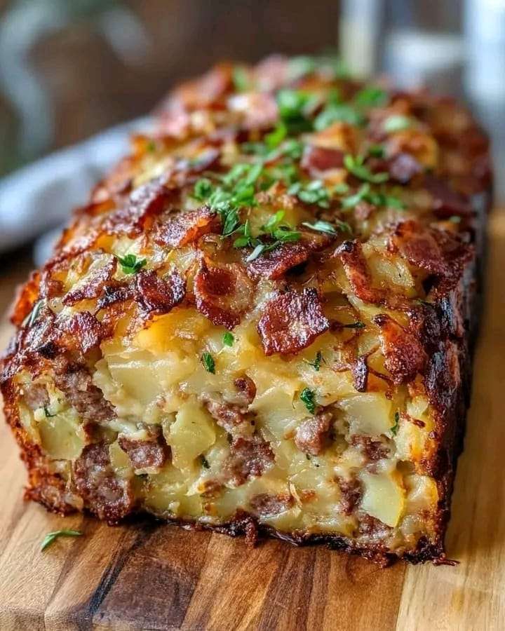 A golden bacon and sausage-stuffed potato loaf, garnished with parsley and sliced to reveal the savory filling.