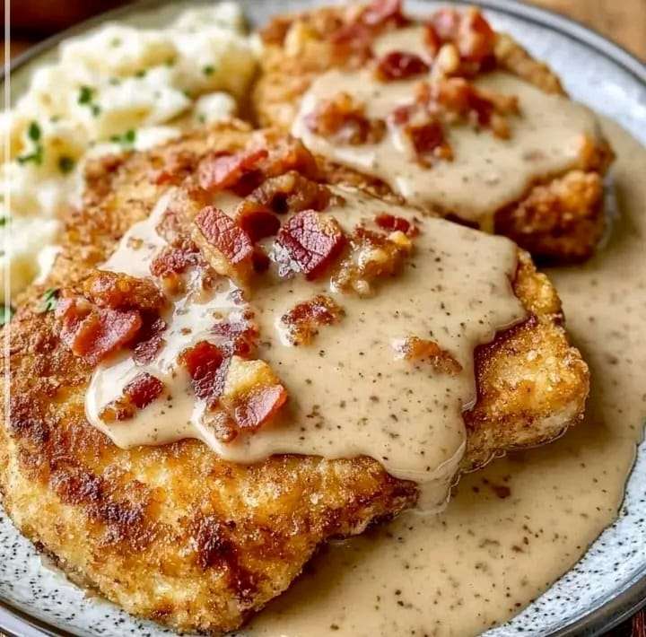 Golden country fried pork chops topped with creamy bacon gravy, served with mashed potatoes and green beans.