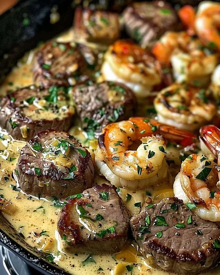 A skillet filled with juicy steak, plump shrimp, fresh spinach, and a creamy garlic Parmesan sauce, garnished with parsley.