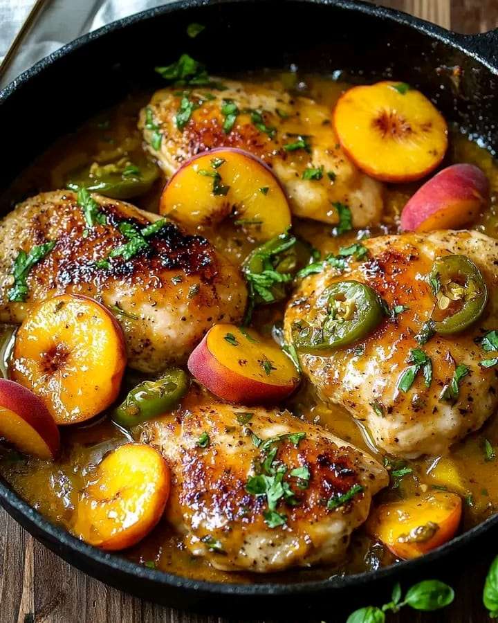 A skillet with golden-brown chicken thighs simmering in a rich peach and jalapeño sauce, garnished with fresh herbs.