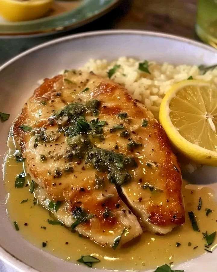 Golden chicken piccata topped with lemon sauce and parsley, served with pasta on the side.