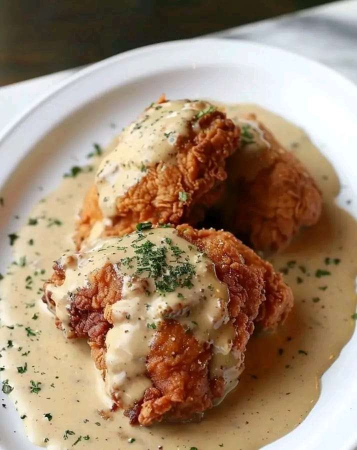 Crispy buttermilk fried chicken served with creamy gravy, garnished with parsley.