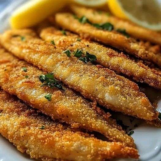 Golden crispy fried catfish served with lemon wedges and a side of coleslaw.