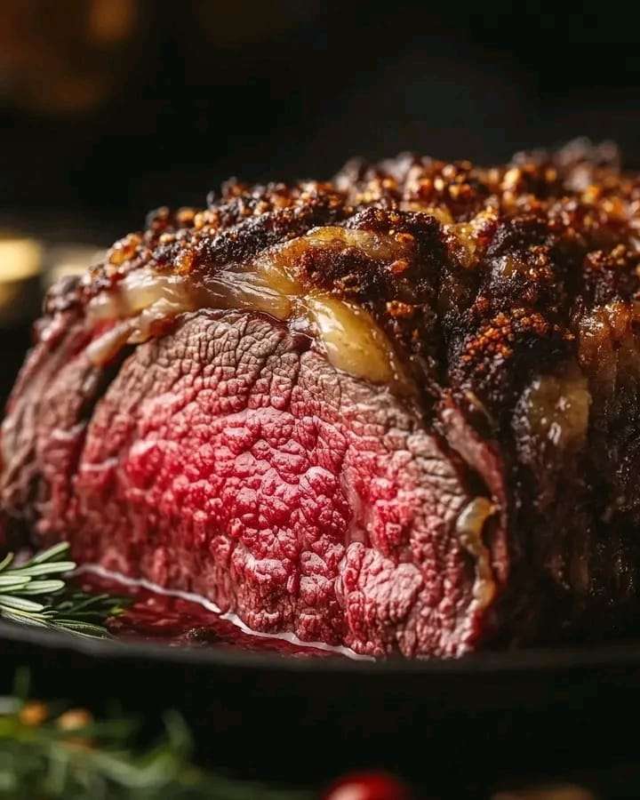 A perfectly roasted prime rib with a golden crust, garnished with rosemary, and served with holiday sides.