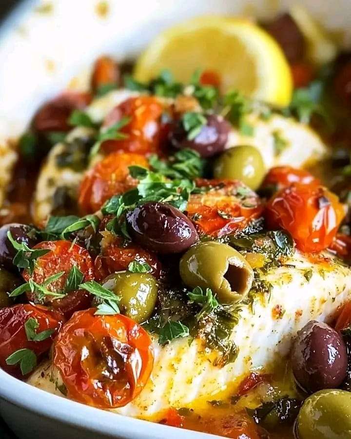 Mediterranean baked fish fillets topped with cherry tomatoes, olives, capers, and fresh parsley, served in a white baking dish.