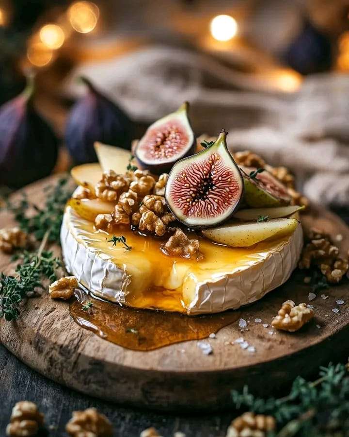 Honey-baked brie topped with figs, walnuts, and honey, served with pear slices and crusty bread.