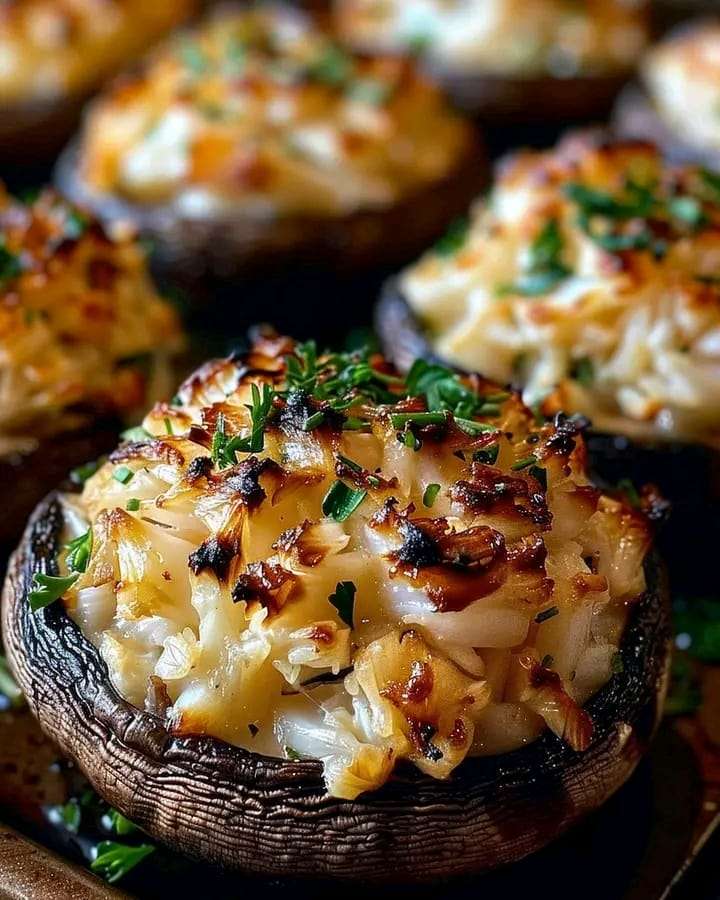 Golden-brown crab-stuffed mushrooms garnished with parsley, served on a rustic platter.