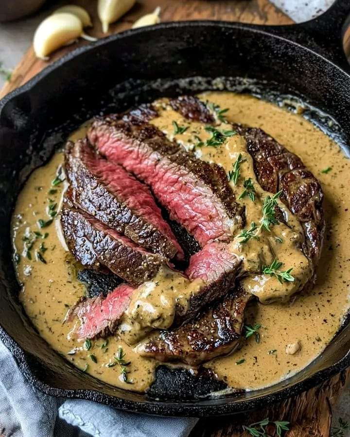 Sliced Bavette steak drizzled with whiskey garlic cream sauce, garnished with fresh thyme, served in a cast iron skillet.