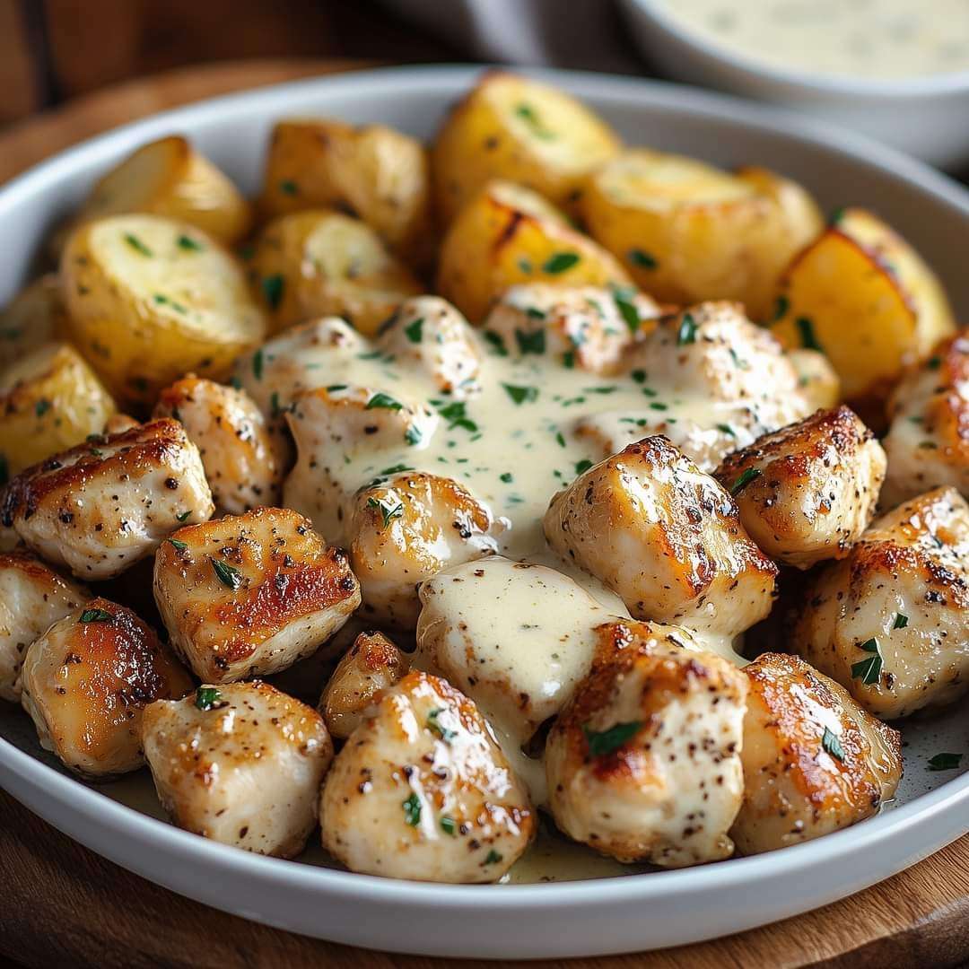 Garlic butter chicken bites with creamy Parmesan sauce and cheesy roasted potatoes