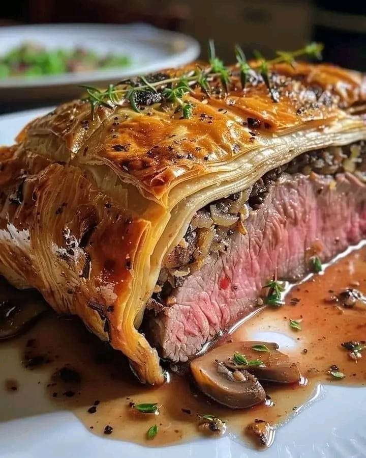 Classic Beef Wellington sliced to reveal tender beef, mushroom duxelles, and golden pastry layers.