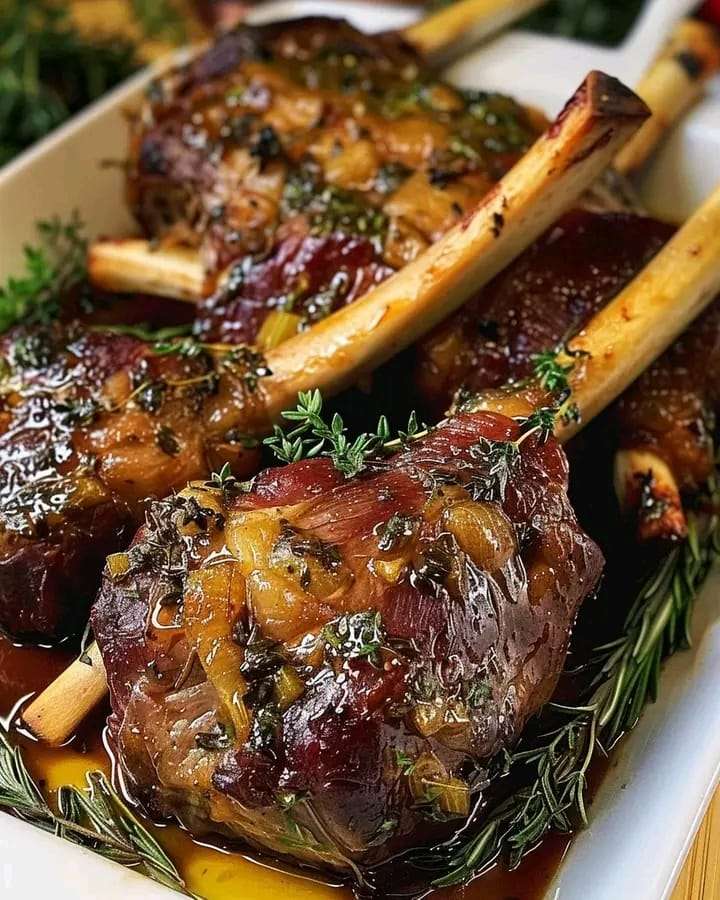 Tender Christmas braised lamb shanks served with a rich herb-infused sauce, garnished with fresh rosemary.