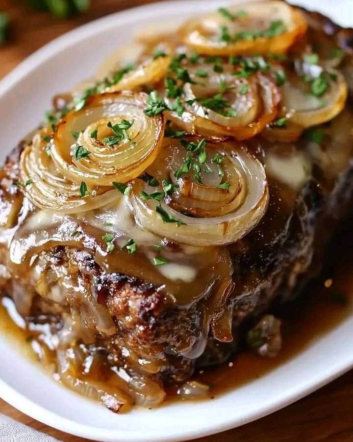 A golden-brown French onion meatloaf topped with caramelized onions and fresh parsley, served on a wooden board.