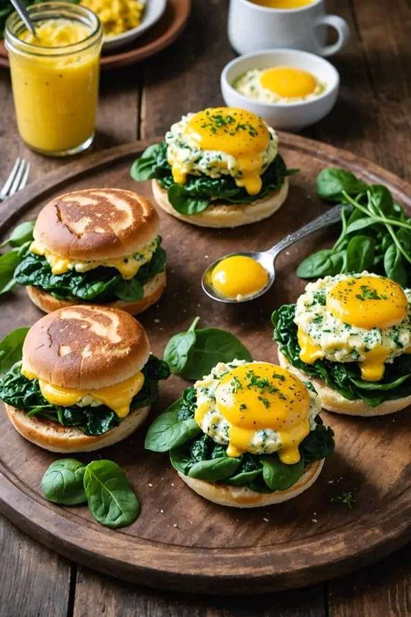 Egg and spinach breakfast sandwich layered with melted cheese, fresh spinach, and toasted English muffins.