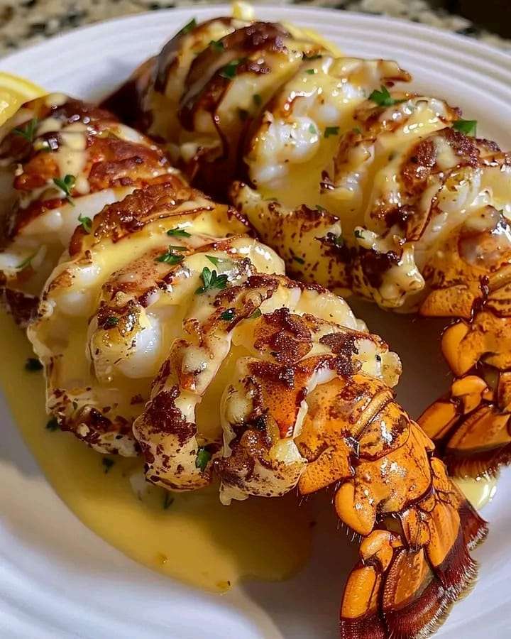 Golden-broiled lobster tails drizzled with creamy garlic butter sauce, garnished with fresh parsley.