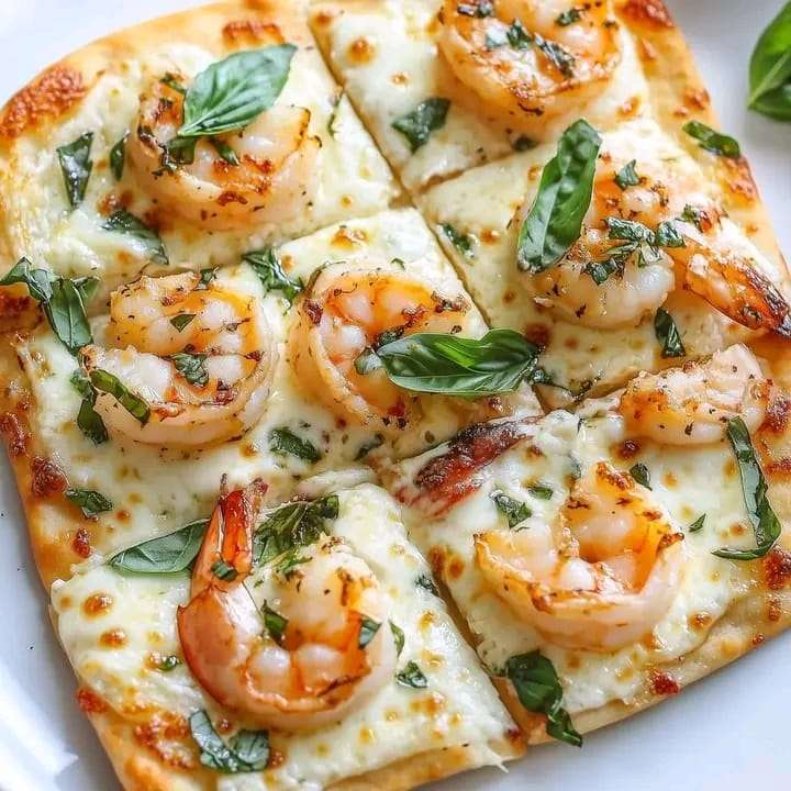 Golden-baked shrimp scampi flatbread topped with mozzarella and fresh basil leaves.