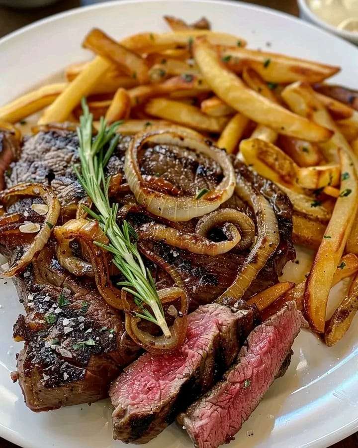 A perfectly seared ribeye steak topped with golden caramelized onions, served with crispy fries and garnished with fresh thyme.