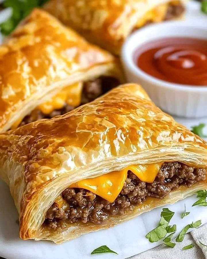 Golden-brown cheeseburger pockets made with puff pastry, served with ketchup and mustard dipping sauces.