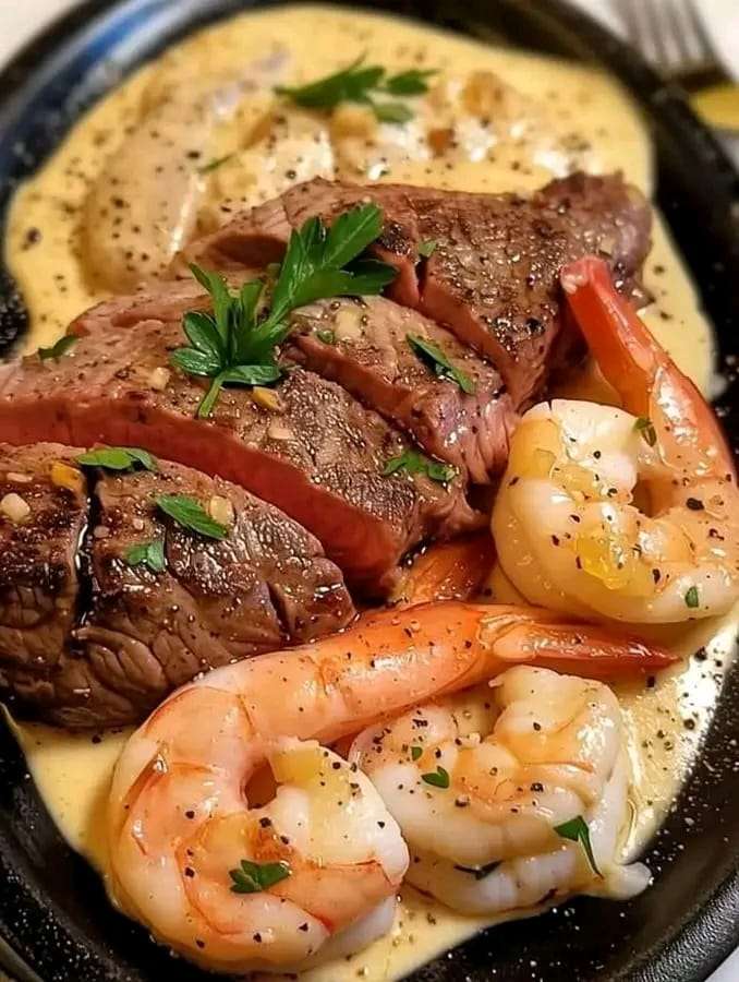 Creamy Garlic Steak and Shrimp combines tender steaks, juicy shrimp, and a rich Parmesan garlic sauce for a delicious surf-and-turf dish.