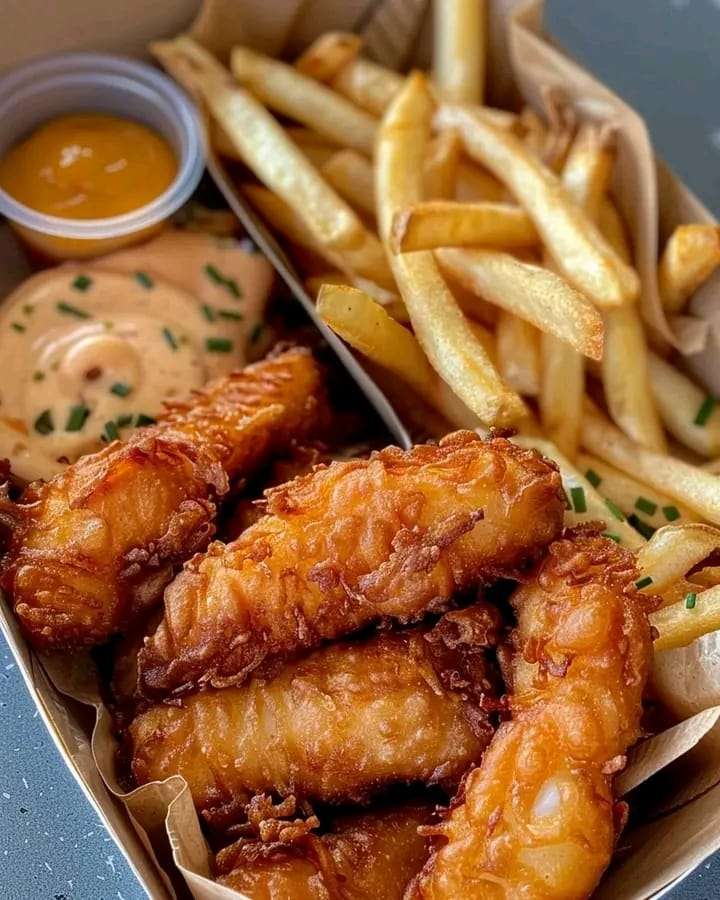 Golden fish fingers served with crispy baked fries, lemon wedges, and tartar sauce on a rustic plate.