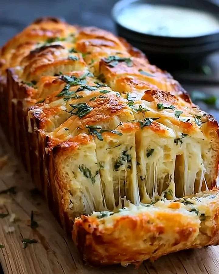 A golden, cheesy garlic pull-apart bread garnished with parsley, served warm on a wooden board.