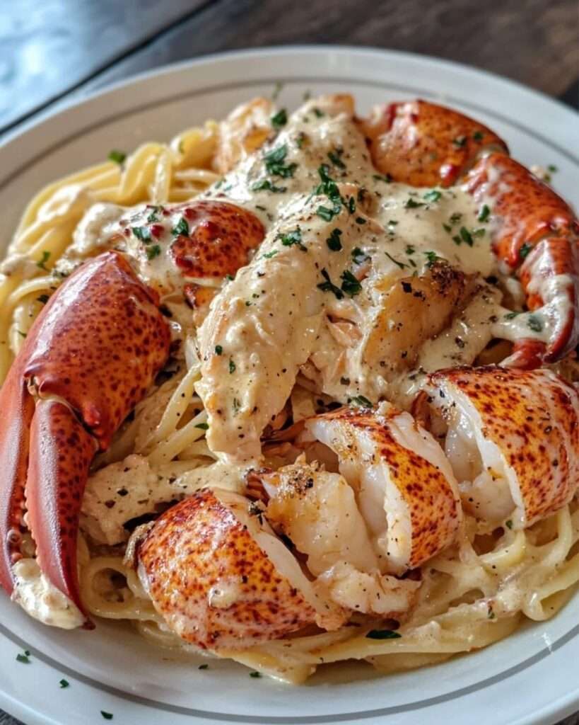 A plate of Cajun Lobster, Crab, and Salmon Alfredo pasta, topped with creamy Alfredo sauce, fresh parsley, and grated Parmesan cheese.