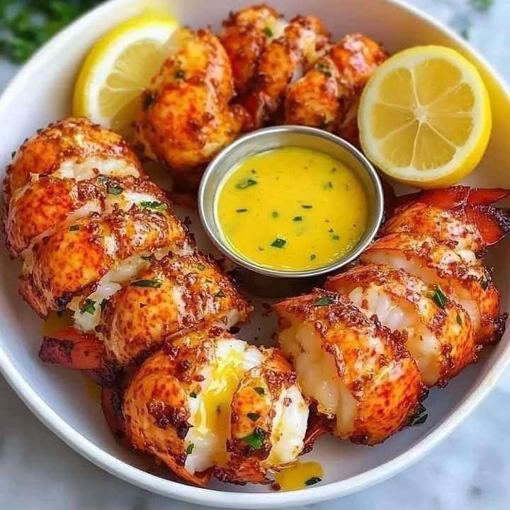 Lobster bites served with garlic butter sauce and lemon wedges.