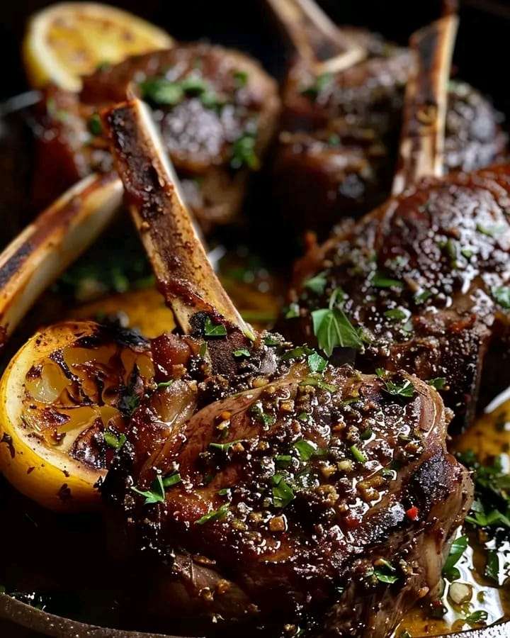 A dish of roasted lamb chops garnished with fresh parsley and served with vegetables.