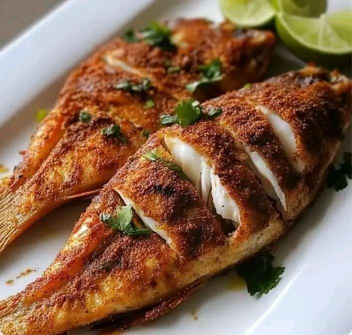 A golden-brown crispy fried red snapper served with lime wedges and garnished with fresh parsley.