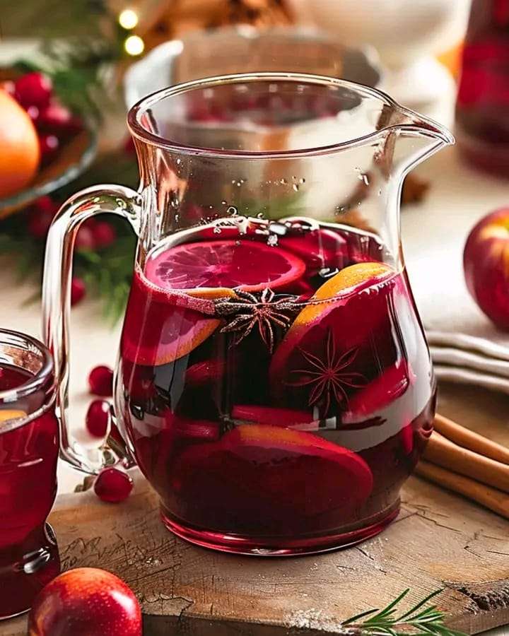 A mug of non-alcoholic mulled wine garnished with orange slices, star anise, and fresh rosemary.