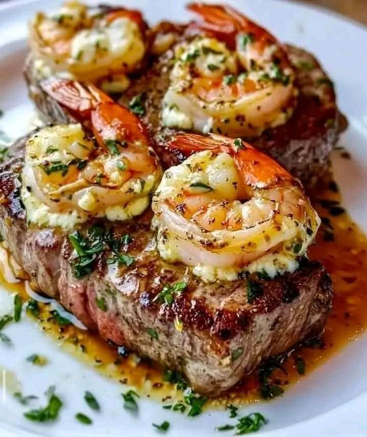 Mozzarella-stuffed steak topped with shrimp and garnished with parsley, served with lemon wedges.