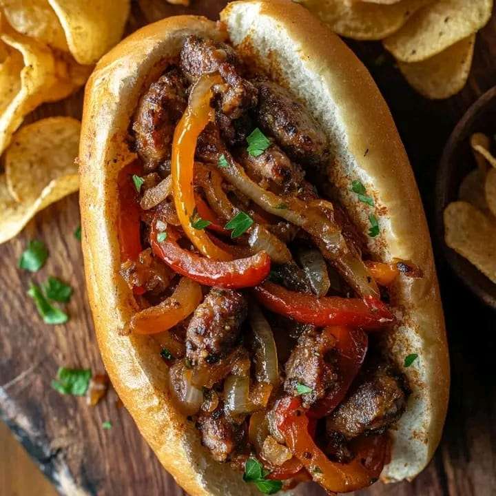 Italian sausage with peppers and onions in a toasted roll, garnished with fresh parsley.