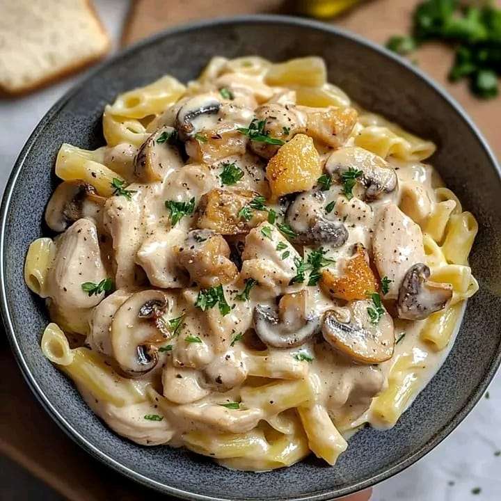 A plate of creamy chicken and mushroom pasta garnished with fresh thyme, served in a white dish.